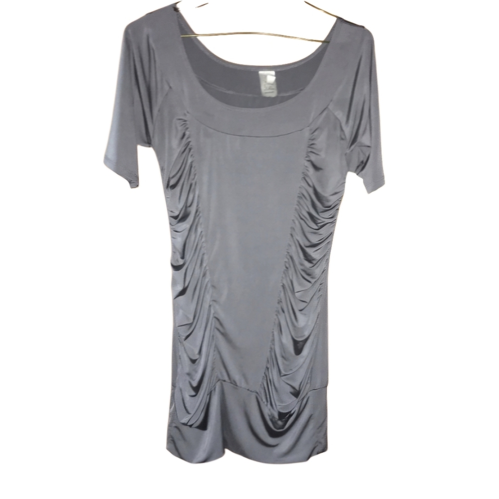 Grey PINK ELI Satin Ruched Short Sleeve Tunic Top Dress Juniors Size Medium